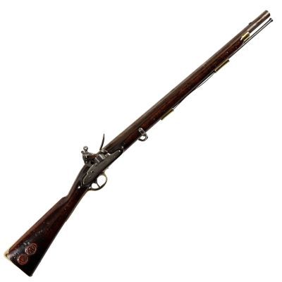 A long barrelled rifle in wood, steel, and brass, with two red wax seals on the buttstock.