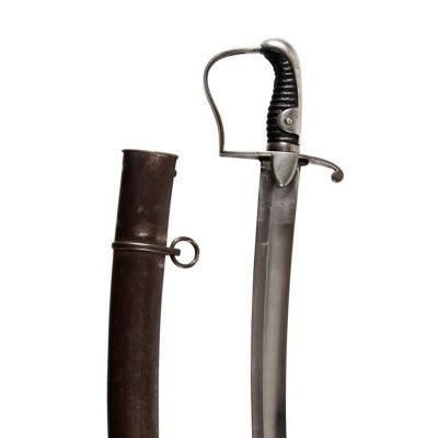 Steel scabbard with loose rings. A curved blade with single bar curved guard and black wooden cord wrapped hilt.