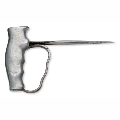 A thin spike attached to a metal hand grip with a small strip protecting the knuckles