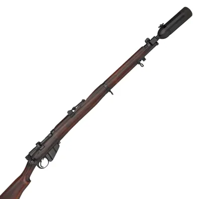 A long barrelled rifle in dark wood and steel with a large cylindrical cup attached to the muzzle