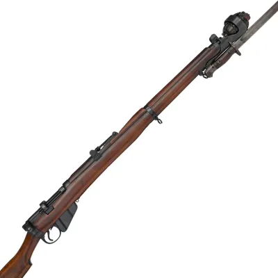 A long barrelled rifle in dark wood and steel with a bayonet and rifle grenade attached to the muzzle