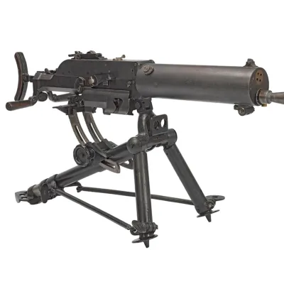 A machine gun with flared barrel and cylindrical barrel jacket, mounted on a tripod