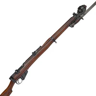 A long barrelled rifle with a rifle grenade and bayonet attached to the muzzle