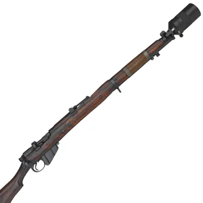A short barrelled rifle in wood and metal with a grenade cup attached to end