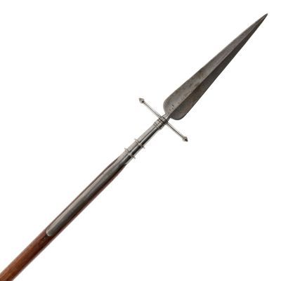 A long wooden shaft with a broad metal spear point attached