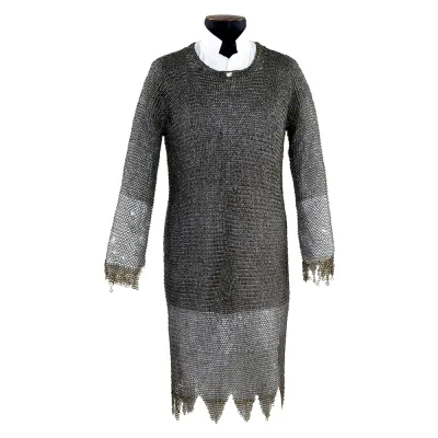 A long mail shirt with long sleeves made with riveted iron rings and edged with brass rings