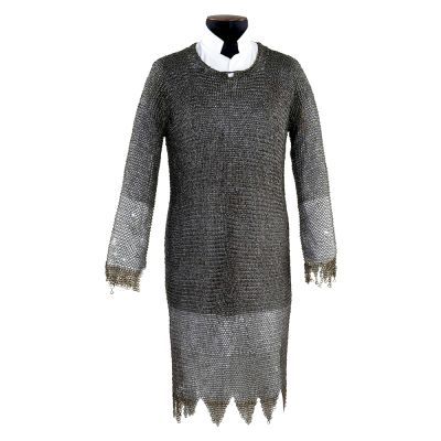 A long mail shirt with long sleeves made with riveted iron rings and edged with brass rings