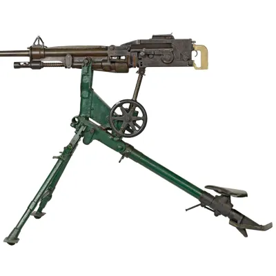 A green metallic tripod for a St Etienne machine gun with height and depth adjusters