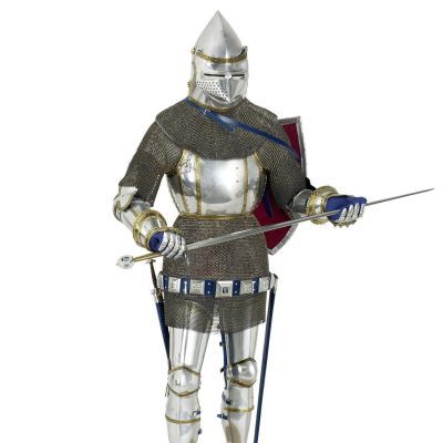 Model of knight wearing mail armour, plate metal helmet, gauntlets, breastplate and leg defences, holding a sword in two hands