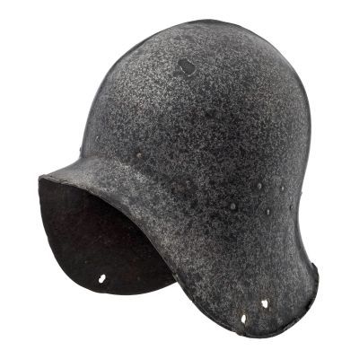 A metal helmet where the skull is of one piece, deep and round. It slopes downwards and has a slight ridge 