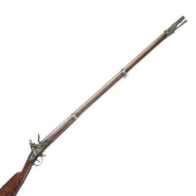 A round barrelled musket bound by three iron bands, a brass foresight, iron trigger guard and butt plate.