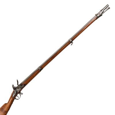 Round barrelled musket bound by three bands with brass foresight blade and brass pan and iron buttplate.