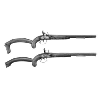 Two parallel flintlock pistols with extended buttstocks for improved aim.