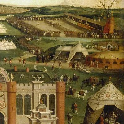 Painting detail depicting jousting, combat, and feasting at the field of cloth of gold