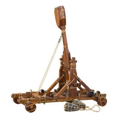 A model of a trebuchet built in wood, string, and metal and constructed in the 20th century