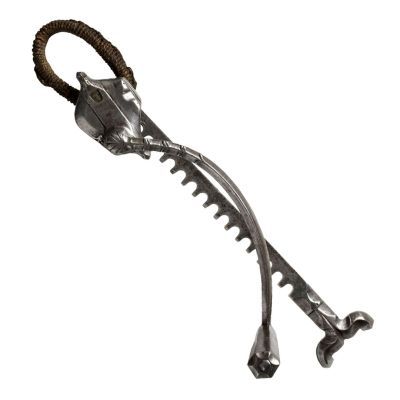 A small hand crank, entirely in metal, with a toothed bar jutting out. Designed to steadily draw the crossbow string back.