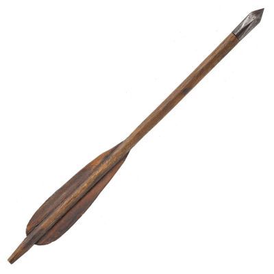 Long wooden shaft with leather vanes attached to rear, tapering to a metal diamond sectioned bolt head.