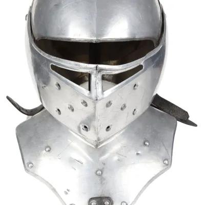 A closed helmet with a winged visor and buckles