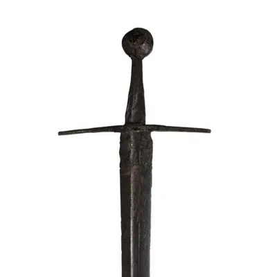 Short two edged blade with small wheel pommel and down-curved cross guard.