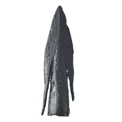 A metal arrowhead with compacted head, tapering socket for arrow shaft, medial spine, and long, close fitting barbs.