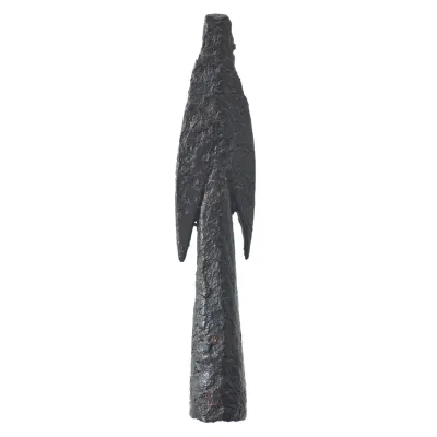 A metal arrowhead with tapering socket and short, close fitting barbs. The tip of the arrowhead has broken off.