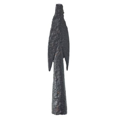A metal arrowhead with tapering socket and short, close fitting barbs. The tip of the arrowhead has broken off.
