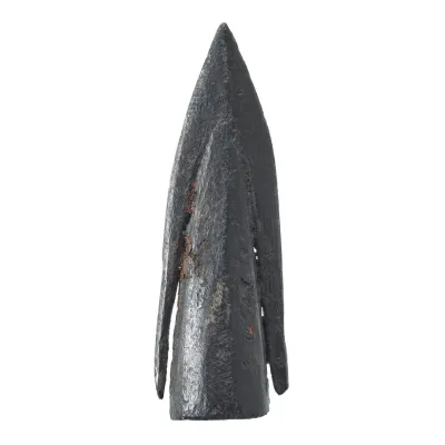 A small, compact, metal arrowhead with tapering socket incorporating medial ridges, and long straight close-fitting barbs