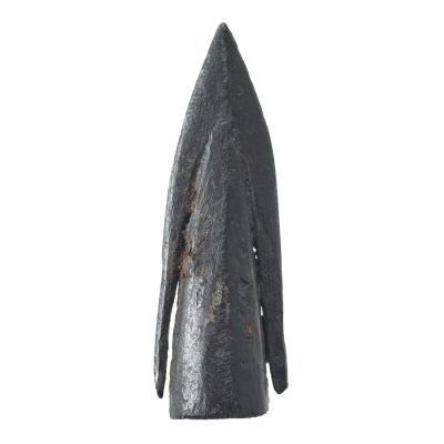 A small, compact, metal arrowhead with tapering socket incorporating medial ridges, and long straight close-fitting barbs