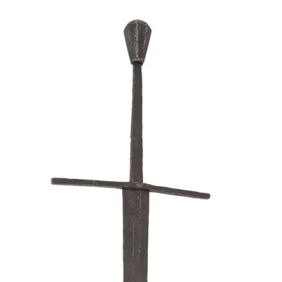 Hilt of a 'bastard' sword with tall octagonal pommel with a missing grip and straight cross guard