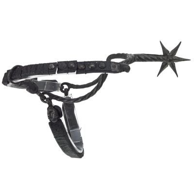 Spur for the left foot with a six-pointed rowel, retaining it's original hooked tabs, buckle and leather straps