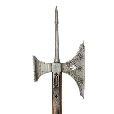 A fish-tail axe head attached to a long, square sectioned pole with a spike on top and serrated hammer on the reverse.