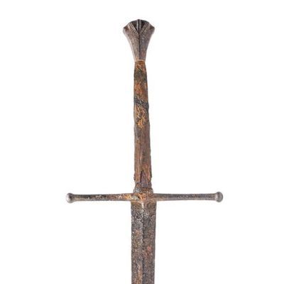 Hilt of a two-handed sword with a metal pommel in fish tail pattern and a missing wooden grip
