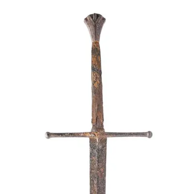 Straight, double edged blade tapering to a narrow point, with a fish tail pommel and missing wooden grip