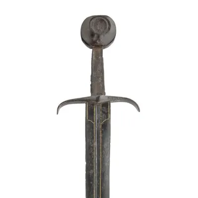 Iron sword with wheel pommel and rectangular cross-guard with slightly pointed ends.