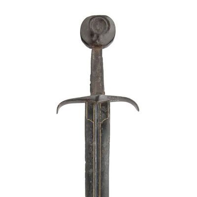 Iron sword with wheel pommel and rectangular cross-guard with slightly pointed ends.
