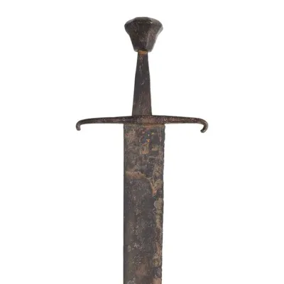 Narrow blade with squat, octagonal pommel and straight cross guard.
