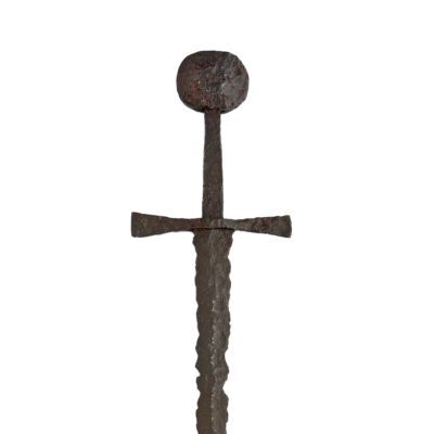 Iron hilted arming sword with wheel pommel and fan-shaped cross guard
