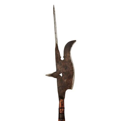 A cleaver like blade attached to a long pole, forking at the top towards a vertical quadrangular spike and curved hook