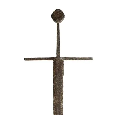 Iron hand-and-a-half sword, corroded, with diamond shaped pommel with rounded corners and a straight cross guard.
