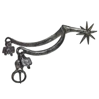 A wish-bone shaped bar of metal leading to an eight pointed star at the heel. Retains the original tabs and buckles. 