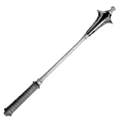 Solid, hexagonal steel haft with turned wooden grip. Head formed by six stout cusped flanges which thicken noticeably toward their points.