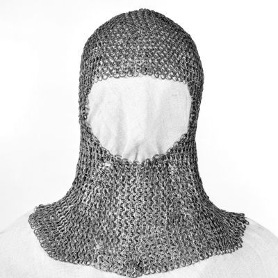 A balaclava-type head covering made of interlocking iron rings