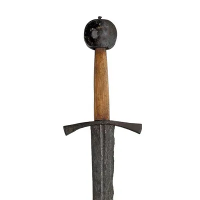 Wide double edged blade with oblate wheel-pommel and down-curved cross guard.