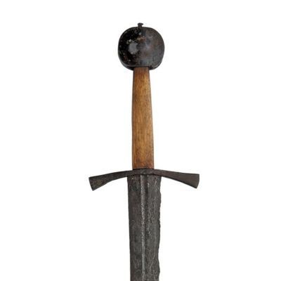 Wide double edged blade with oblate wheel-pommel and down-curved cross guard.