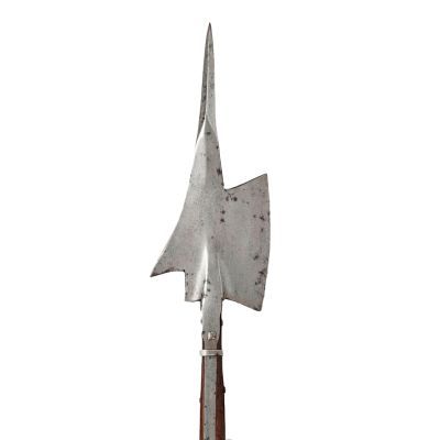 A cleaver like blade attached to a long haft, tapering to a single point on top and curving down to form a bill-hook on the reverse.