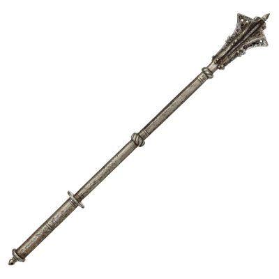 A long, steel handled rod crowned by a decorated flanged mace head