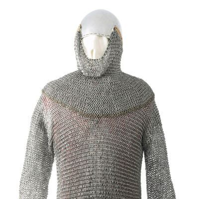 A full length shirt made of interlocking iron rings in a light metallic colour