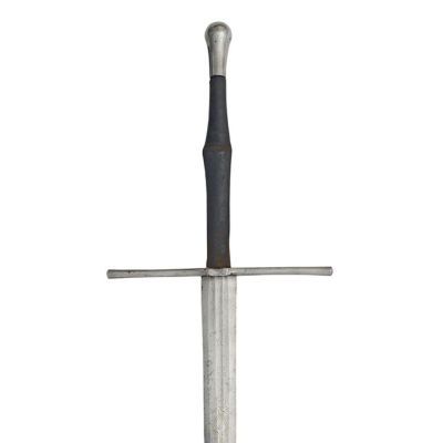 A two-handed sword with a modern pommel, long leather covered grips and a straight circular section cross guard