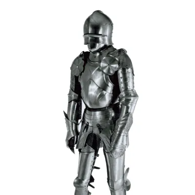 A composite suit of plate armour, consisting of sallet, bevor, breastplate, pauldrons, vambraces, and greaves