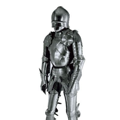 A composite suit of plate armour, consisting of sallet, bevor, breastplate, pauldrons, vambraces, and greaves